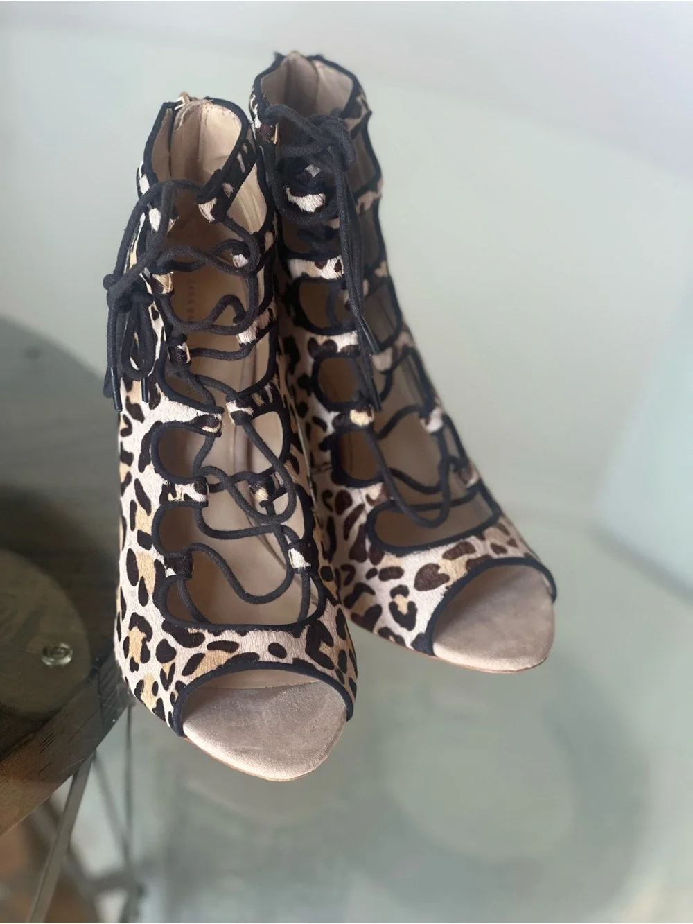 Zara calf hair leopard print Lace-Up Peep Toe Heels - Black & Beige sz 39 8US